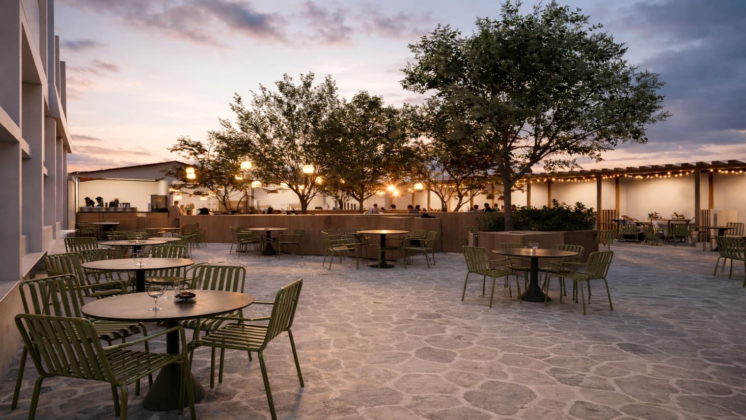 The Terminal — rooftop dining terrace at dusk